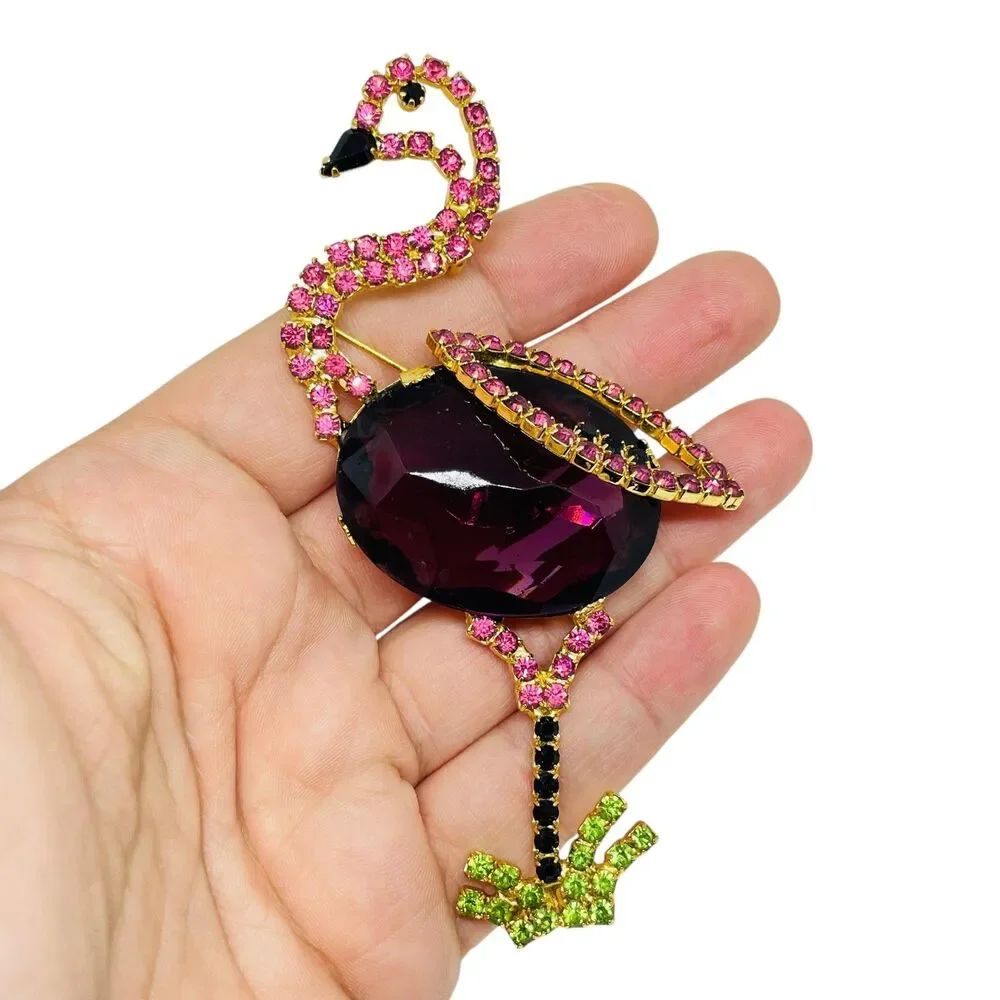 IVANA signed vintage gold tone glass flamingo figural designer brooch